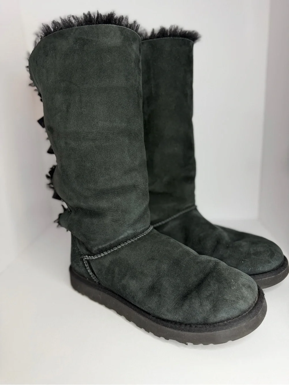 UGG Tall Black Suede Shearling-Trim Boots with Back Bow Accents size 10